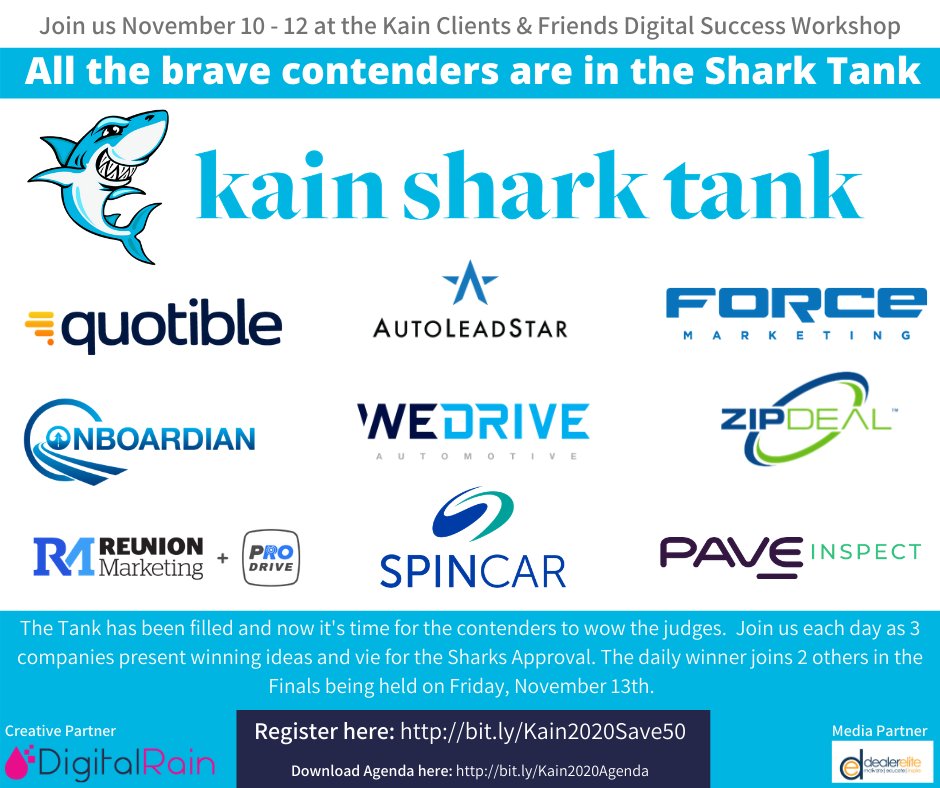 By this time next Friday, we will have a winner...Which company do you think will win?  #Kain2020

<a href="/Quotible/">Quotible</a>  @AutoLeadStar  <a href="/ForceMarketing/">Force Marketing</a>  <a href="/Onboardian/">Onboardian</a> <a href="/WeDrive/">Drive</a>  <a href="/ZipDealAuto/">ZipDeal</a>  <a href="/reunionmktg/">Reunion Marketing</a>  <a href="/spincar/">SPIN CAR</a>  <a href="/PaveInspect/">PAVE Inspect</a>