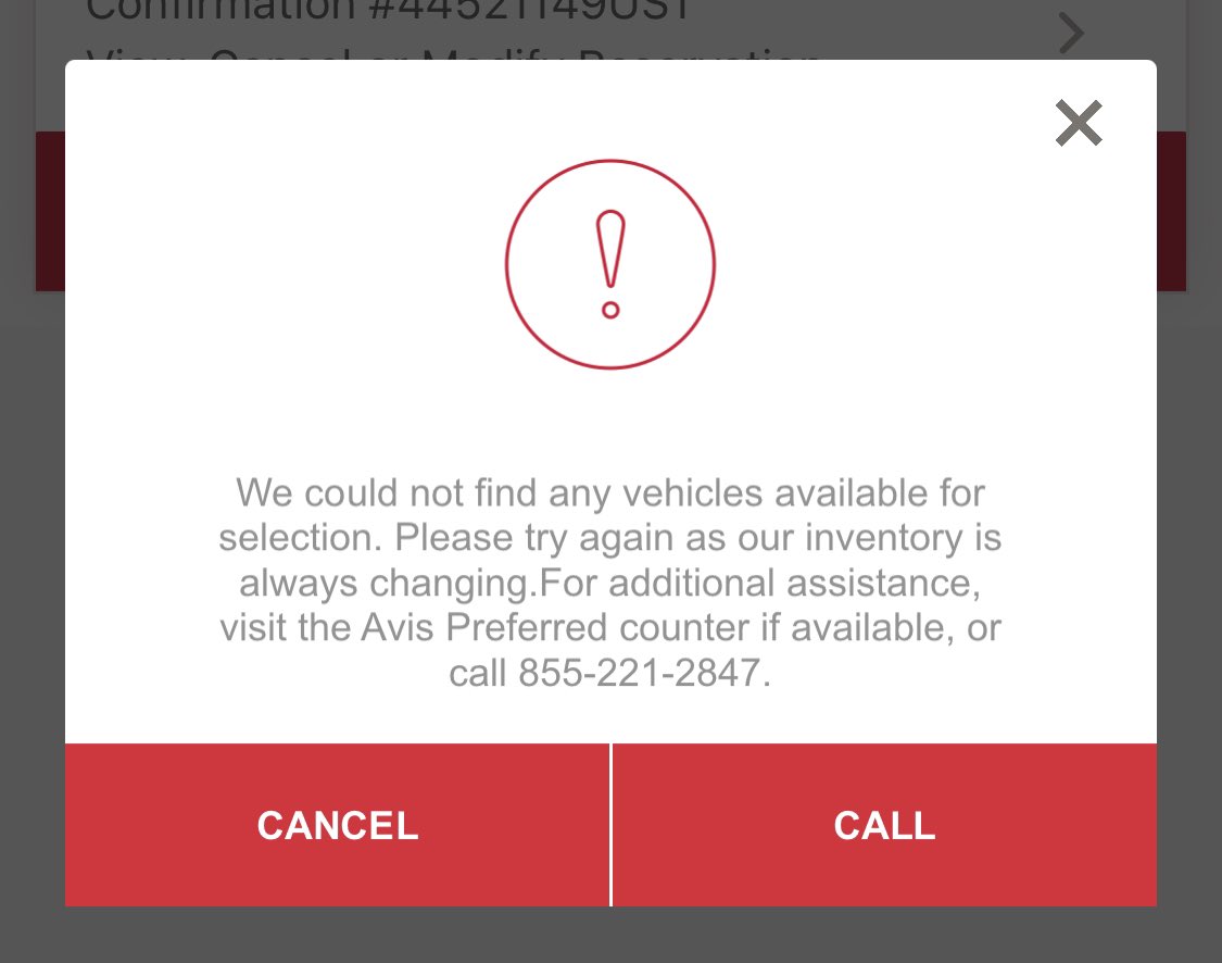 amfblytws's tweet photo. Hey @Avis for some reason as a Pres Club member when I try to use the app to get my car, I see this message. Counter line is LONG and the agent on the phone said my reservation looks fine, but there’s nothing he can do. What is wrong at MCO?! https://t.co/pIyUwKNWuV