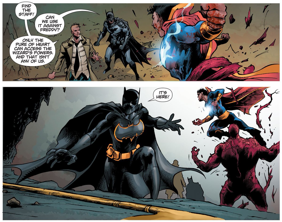 It's all very utilitarian, like how Shazam's staff can only work with the pure of heart, so Cass is able to wield it. Problem, meet solution. But there's no exploration (in this issue at least) of the real significance of that. The idea that, for all her guilt, for all her...