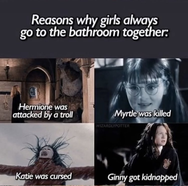dianaxpotter's tweet photo. this is so true!! now you know why girls always go to the bathroom together at school ⚡️ https://t.co/0sfgfaKNho