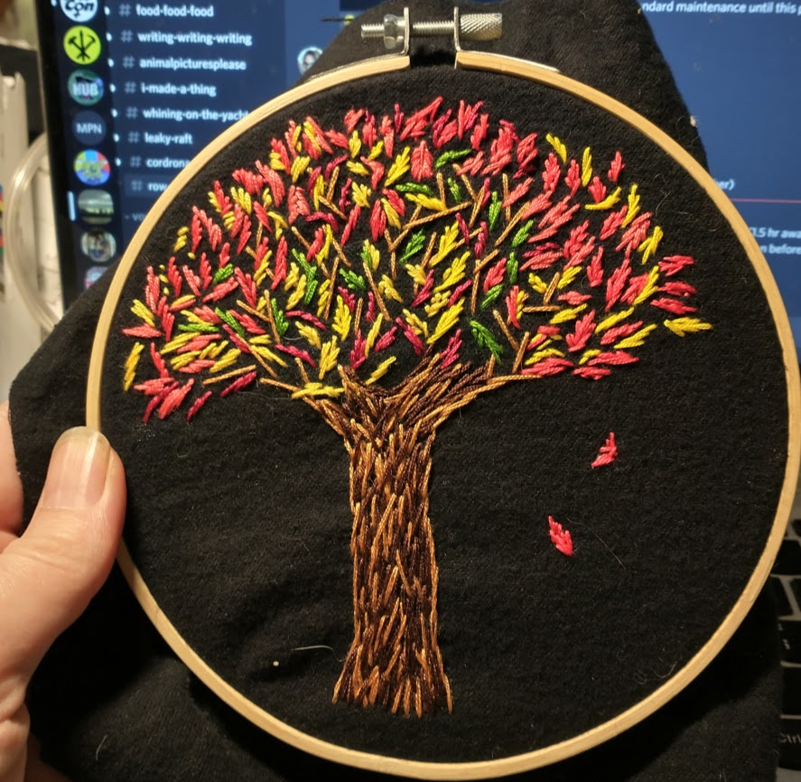 From the beginning of October, a tree with autumn leaves. The best part of this are the falling leaves. Otherwise, I like this while also feeling like I was going for more realism than I hit.