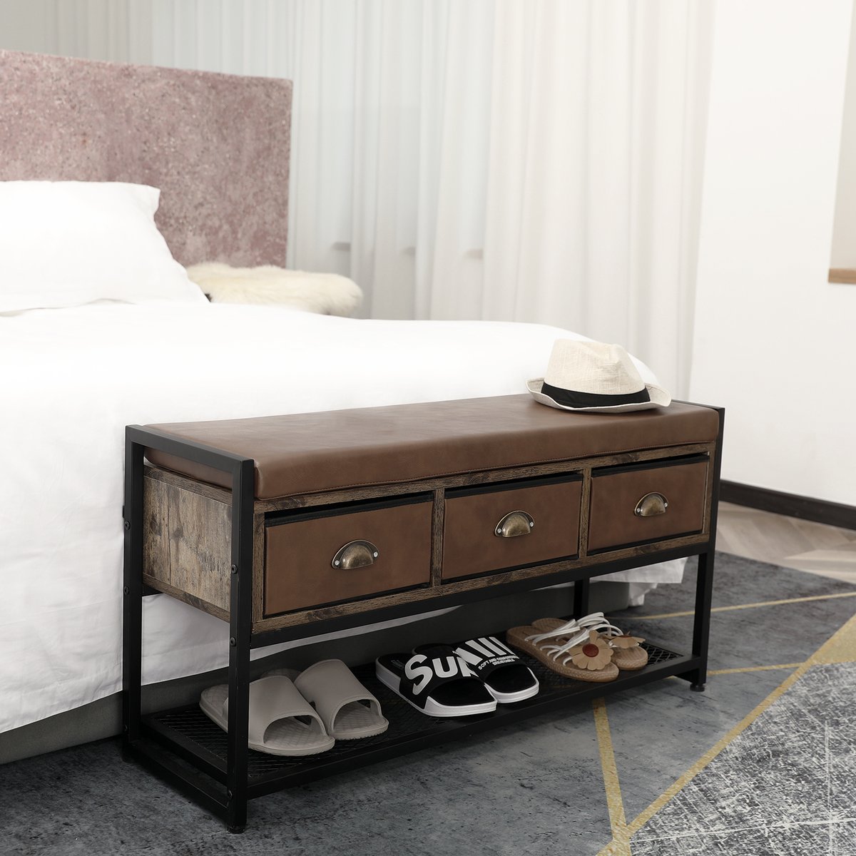cosrack's tweet photo. X-cosrack Industrial Shoe Bench Rack, 3-Tier Shoe Storage Organizer Shelf, Bed End Stool with Padded Seat and 3 Drawers &amp;Mesh Shelf for Bedroom Hallway Entryway Living Room,Brown and Black :) Welcome to try and test our new arrivals!! https://t.co/8f0uICVMeL