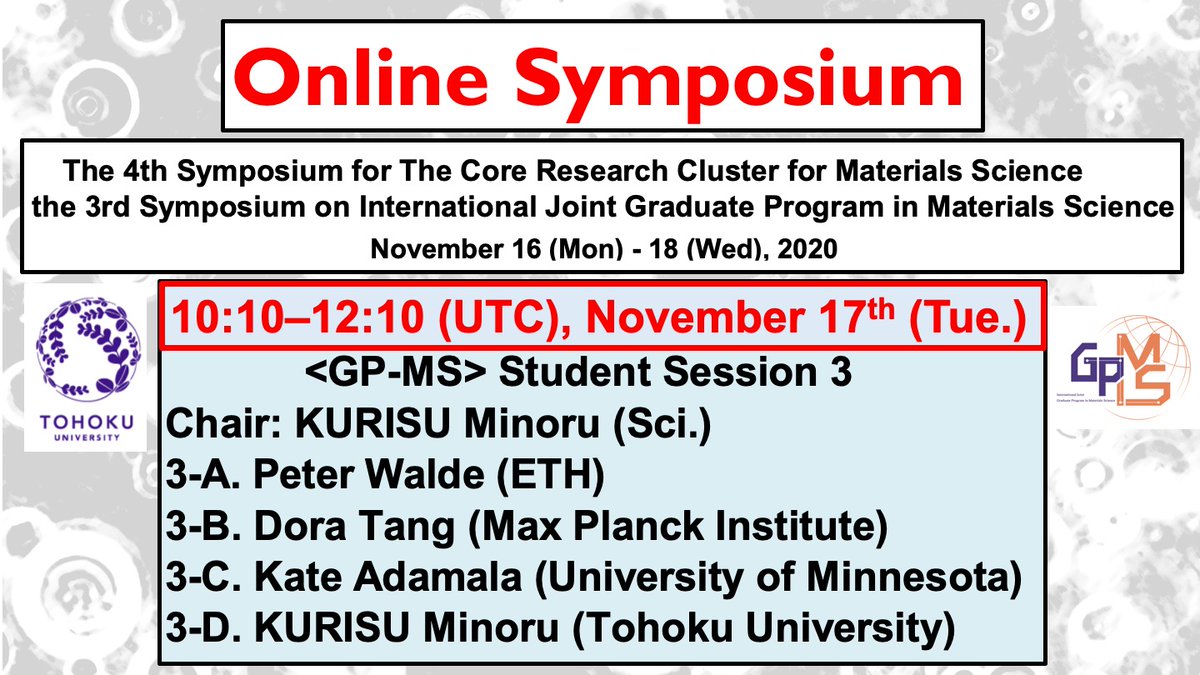 KurisuMinoru's tweet image. 【Online Symposium for #Protocell / #ArtificialCell】
-Date: Nov. 17th (Tue.) 10:10-12:10 (UTC)
-Speaker:
Peter Walde (ETH)
Dora Tang (MPI)
@KateAdamala (U. Minnesota)
Minoru Kurisu (Tohoku U.)
-Registration: gp-ms.tohoku.ac.jp/en/symposium/
-Deadline: Nov. 12th (Thur.)

(details below)