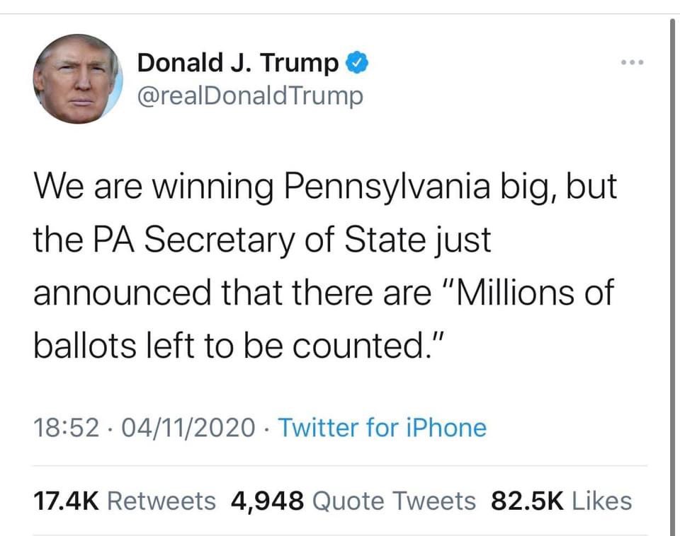 ilatif's tweet photo. @realDonaldTrump Yes, Mr.President let me clear your confusion❓@ that point 137.4 m votes were counted now 147 m plus; #screenshots when you were leading #PA had only reported 49% #WI 61% #GA 44.8% #MI43.5%! How can voting stop 1/2 way if you are in lead? Sir, count has to be 💯% in elections! https://t.co/opJ0Ash3xS