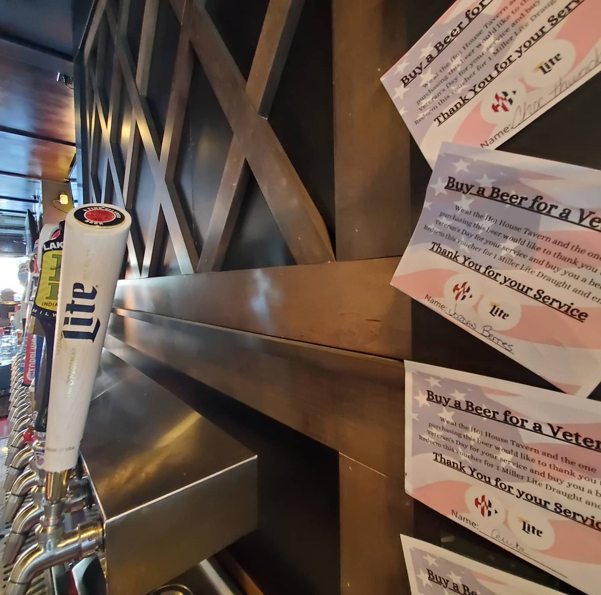 HotHouseTavern's tweet photo. Cheers to our Veterans! Buy a tap of Miller Lite for a vet, between now and Wednesday the 11th. A small gesture of gratitude for those that served our country. https://t.co/H4WI02diOT