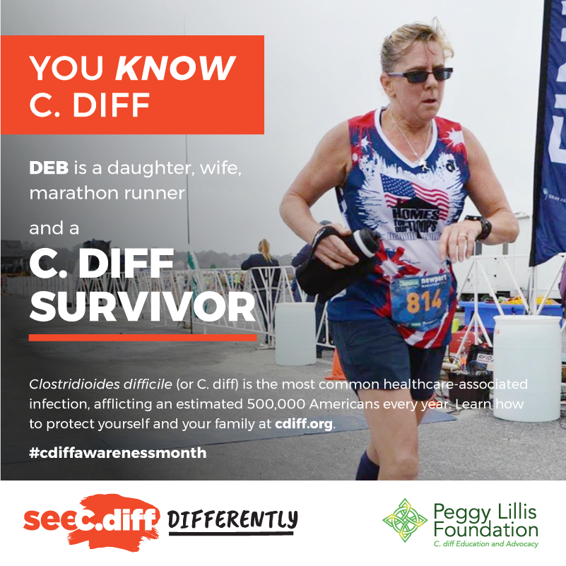 PeggyFund's tweet photo. Deb hopes that not every infection will be treated with #antibiotics. Through her #cdiff illness, she improvised and continued to train for the #boston marathon, she never stopped. Join Deb to help more people to #seecdiff during #cdiffawarenessmonth #youknowcdiff https://t.co/ucKSkipCfI