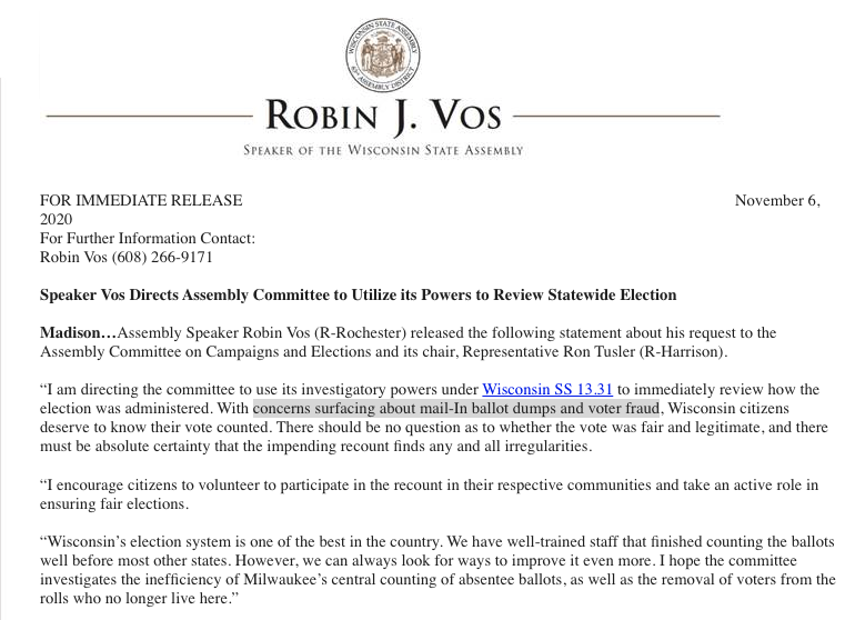 JUST IN:  @speakervos is asking the Assembly Committee on Campaigns & Elections to review Wisconsin's election, citing "concerns surfacing about mail-In ballot dumps and voter fraud"
