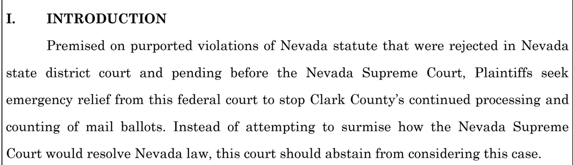 The Nevada Secretary of State's legal brief notes that a state court already rejected the claims being brought to a federal judge today.