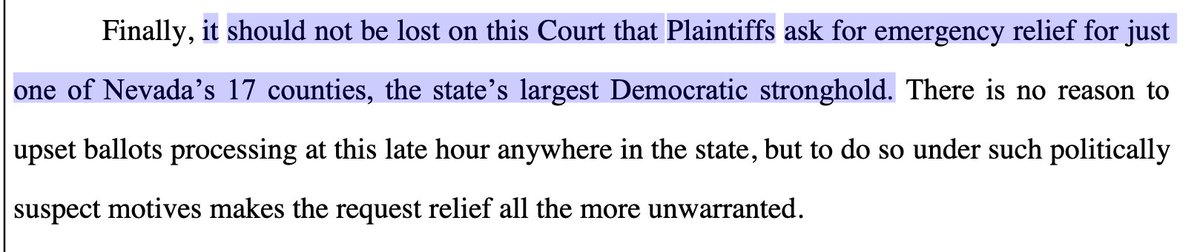 The DNC also describes the relief requested as suspicious."It should not be lost on this court that plaintiffs ask for emergency relief for just one of Nevada’s 17 counties, the state’s largest Democratic stronghold."