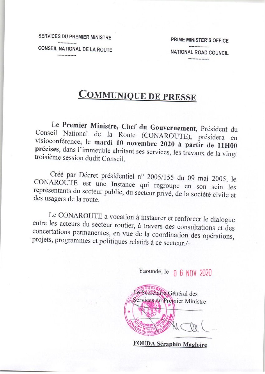 Services PM Cameroon (@pm237services) on Twitter photo Le Premier Ministre, Chef du Gouvernement S.E. DION NGUTE Joseph <a href="/CameroonPm237/">Cameroon PM Cameroun</a> présidera le Conseil National de la Route, le mardi 10 novembre 2020, à partir de 11h, dans ses services. Les travaux se dérouleront par visioconférence.
#Conaroute
#DionNgute
#Cameroun Le Premier Ministre, Chef du Gouvernement S.E. DION NGUTE Joseph <a href="/CameroonPm237/">Cameroon PM Cameroun</a> présidera le Conseil National de la Route, le mardi 10 novembre 2020, à partir de 11h, dans ses services. Les travaux se dérouleront par visioconférence.
#Conaroute
#DionNgute
#Cameroun