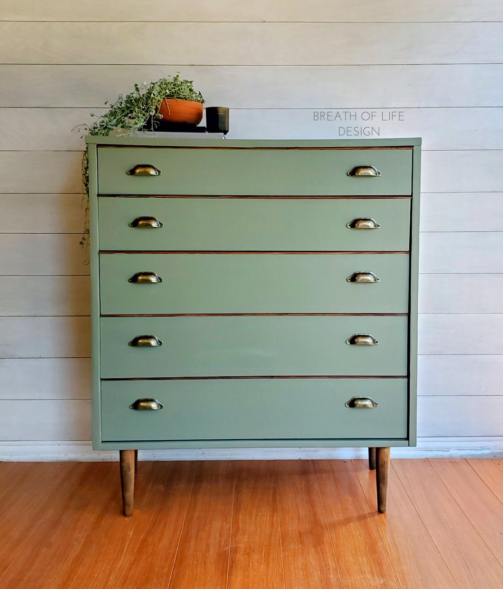 Earthy and homey, just the way we like it! This Mid-Century Modern dresser  is captivating in a mix of Kudzu, Collard Greens, and Burlap! Isn't this  green absolutely eye-catching?!  Find your