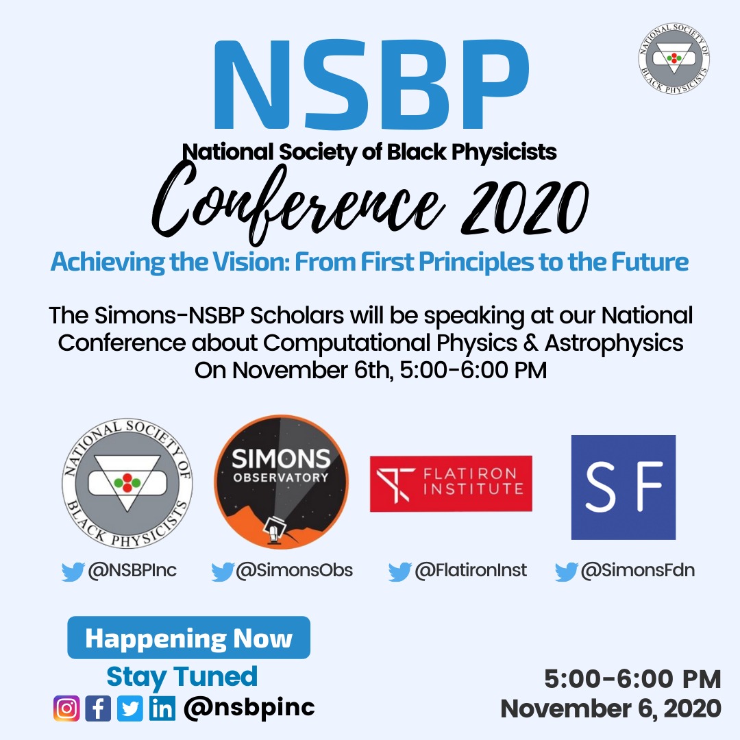 NSBPInc's tweet photo. 🚨**Happening Now** #NSBP Annual Conference
The Simons-NSBP Scholars are speaking at our National Conference @ 05:00 PM - 6:00 PM
@NSBPInc @SimonsObs @FlatironInst @SimonsFdn
#nsbp #conference #blackphysicist #blacksinphysics #blacksinscience #science #nsbpconference https://t.co/E4jZ72XwKB