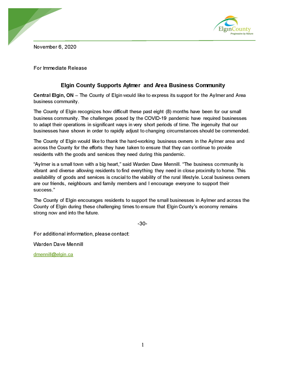 For Immediate Release – The County of Elgin would like to express its support for the Aylmer and Area business community. Read the full release at: elgincounty.ca/2020/11/elgin-…