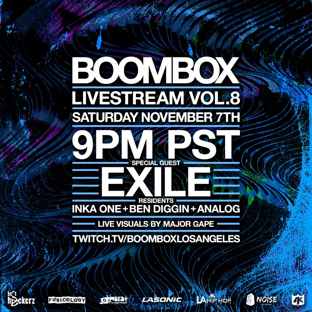 [SATURDAY] LIVESTREAM VOL. 8 with extra special guest @EXILERADIO!! we couldn't be more hyped as he's informed us he's gonna get dusty for an exclusive vinyl set for our twitch mob. kicks off at 9pm PST. miss this one at your own peril. ayyye! LIVESTREAM: twitch.tv/boomboxlosange…