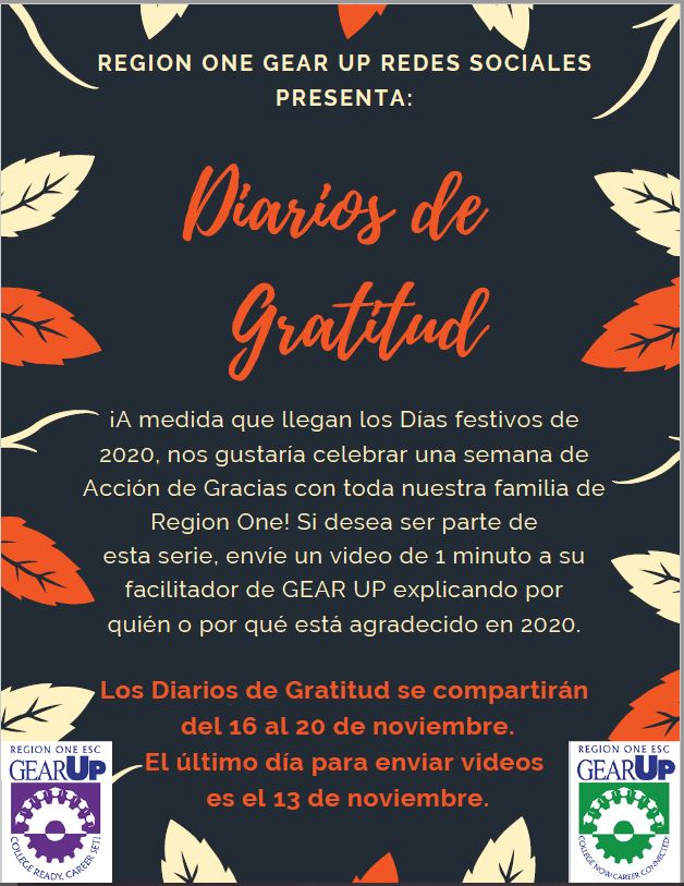 DaisySGarrett's tweet photo. GEAR UP Students, @R1GEARUP is hosting a Gratitude Diaries event between November 16-20. See the attached flyer if you would like to participate. All entries can be emailed to dsolisgarrett15118@lfcisd.net. Have a great weekend!😀#BeKindNovember #iteachLFU #GEARUPworks https://t.co/rMiRoFXCjI