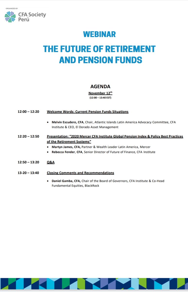 Estimados, los invitamos a participar el jueves que viene del siguiente webinar para charlar sobre el futuro de los fondos de pensión y de retiro organizado por <a href="/CFASocietyPeru/">CFA Society Peru</a>.