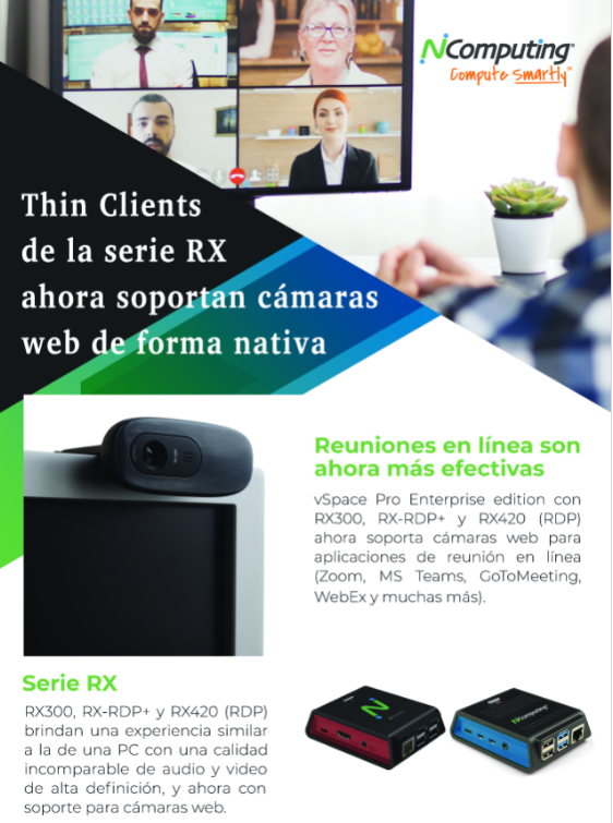 avillasmil's tweet image. nComputing. Compartimos comparto esta pieza mostrando el soporte que actualmente tenemos para cámaras web (lo que posibilita el uso en conjunto con herramientas como Zoom, MS Teams, GoToMeeting, WebEx, Skype, entre otros). Para sus proyectos VDI está interesante #ncomputing