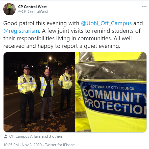 UUKspin's tweet photo. At UUKspin, we were wondering what happened to Paul Greatrix (Registrarism) after he double-downed on face-to-face teaching on Wonkhe. Turned out he was out and about a few nights ago (a bit late for Halloween?) doing cop cosplay #UUKspin #Registrarism #Covid19UK https://t.co/WLhS2G3qGK