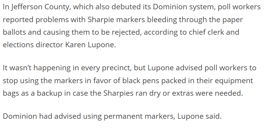 Dominion also just rolled out in... Maricopa Co, AZ, where there have been contentions that ballots cast by voters using Sharpies were being rejected by the machines. Dominion contests that assertion, but it happened in... wait for it.. PA last year.  https://www.witf.org/2019/11/05/few-reports-of-problems-as-pa-counties-roll-out-new-voting-technology/