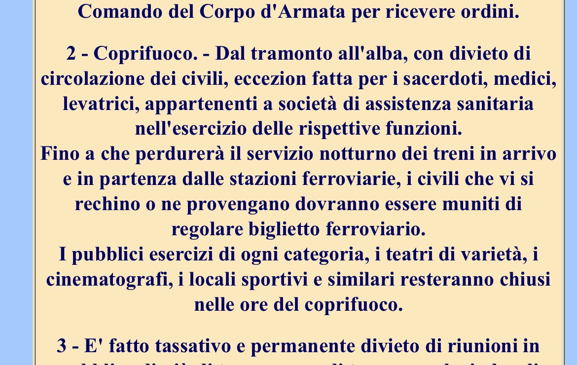 AlfonsoCelotto's tweet photo. #coprifuoco da stasera 
Il precedente era stato proclamato dal Governo Badoglio il 27 luglio 1943 https://t.co/C3NXoycpXa