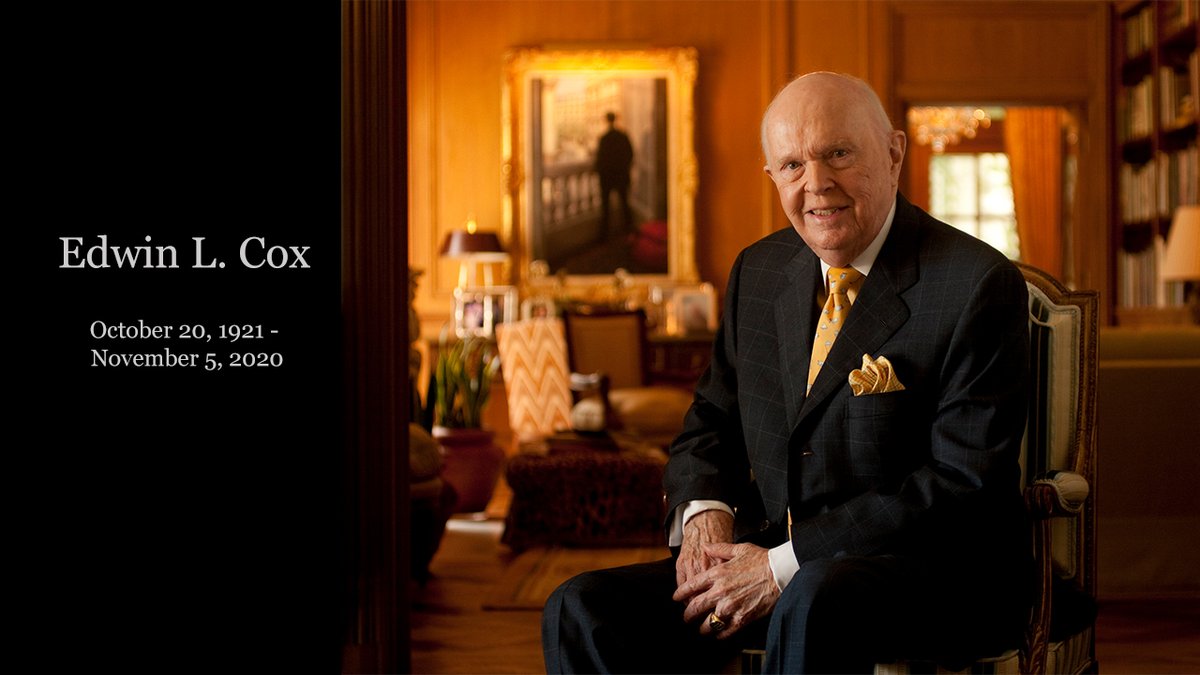 SMUCox's tweet photo. SMU and the Cox School mourn the passing of renowned Dallas business leader, entrepreneur, public servant, educational pioneer and longtime University supporter and trustee emeritus Edwin L. Cox Sr. ’42, who died Thursday, November 5, 2020. 
https://t.co/1XYemyeOuu https://t.co/d1b81BeOmW