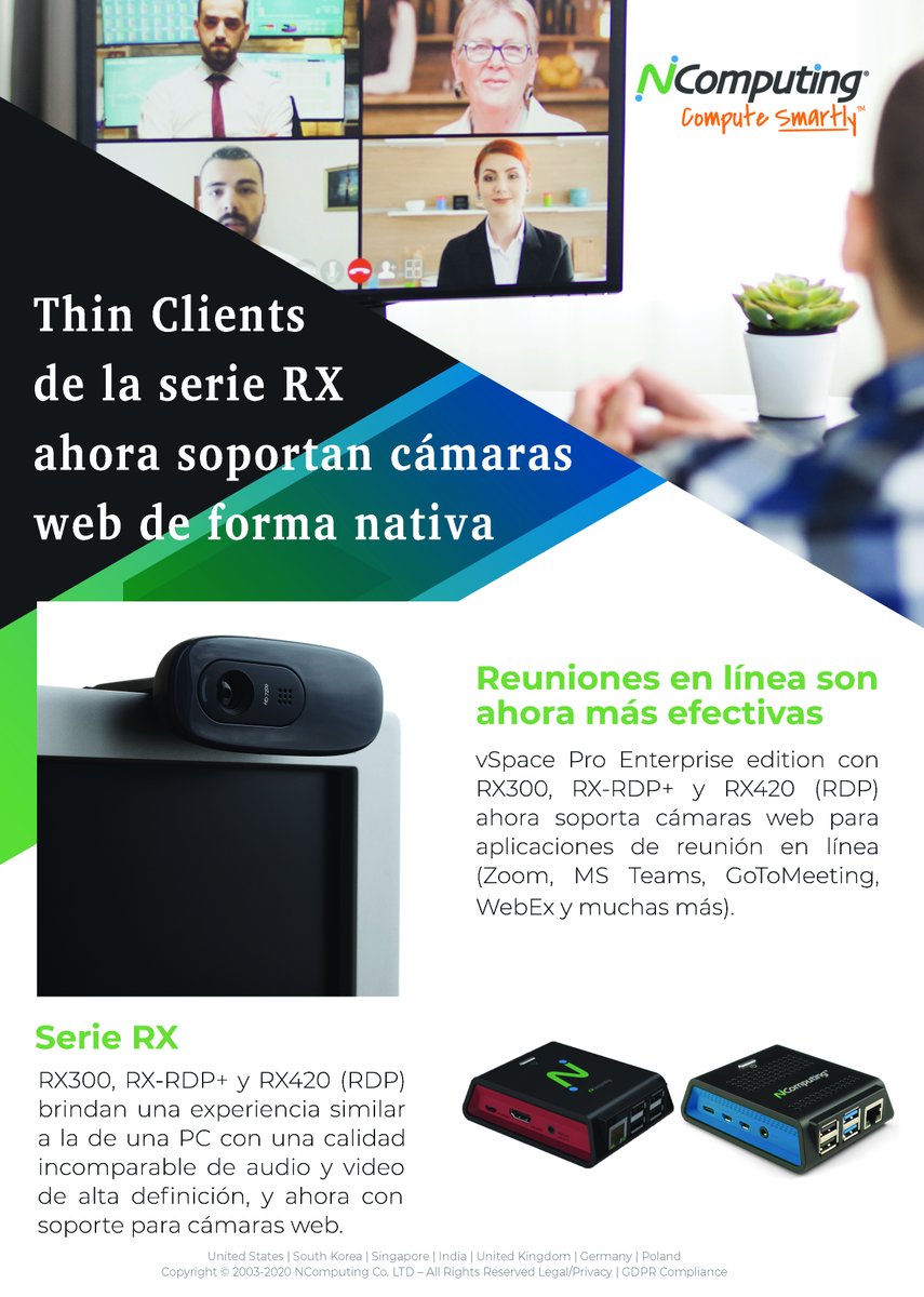 cllodra's tweet image. ¡Es hora de explorar las ventajas de la serie RX! Todos los productos de la familia RX de #NComputing ahora soportan cámaras web compatibles con las aplicaciones de videoconferencia como ser Microsoft Teams, Zoom, WebEx, GoToMeeting y Skype. Simpleza, Performance y Accesibilidad.