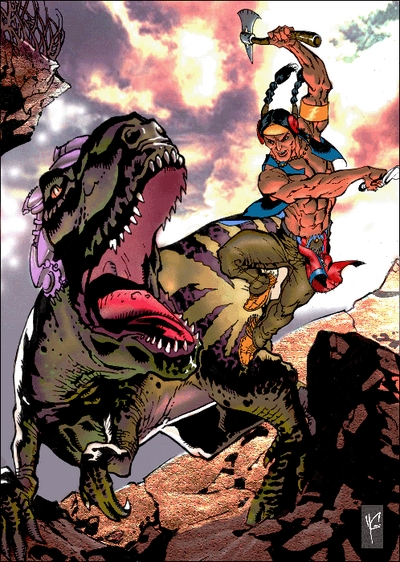 DAY 6: AIYYO, WHAT Y'ALL KNOW ABOUT THE GAWD TUROK: DINOSAUR HUNTER? WHACHU KNOW BOUT THE N64 GAME? Y'all too young for that. Turok is stranded in the "sewer of the universe" known as the lost land that's inhabited by dinosaurs and savage barbarians.  #NativeAmericanHeritageMonth  