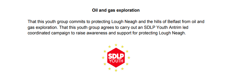 SDLPyouth's tweet photo. The SDLP Youth commits to campaigning for the protection of Lough Neagh and the hills of Belfast from oil and gas exploration. @foe_ni https://t.co/hUNftKEBVo