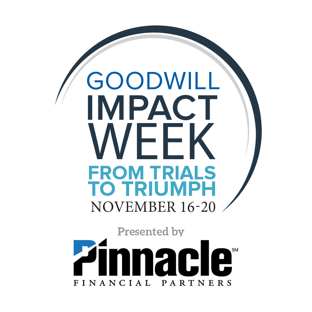 giveit2goodwill's tweet photo. Impact Week (presented by Pinnacle Financial Partners) is coming Nov. 16-20! Visit https://t.co/GODULfIdZh each day at 2 p.m. to help us honor individuals who have achieved success through programs offered by Goodwill. #GWImpactWeek #PowerofWork https://t.co/jiT1lKMcvn