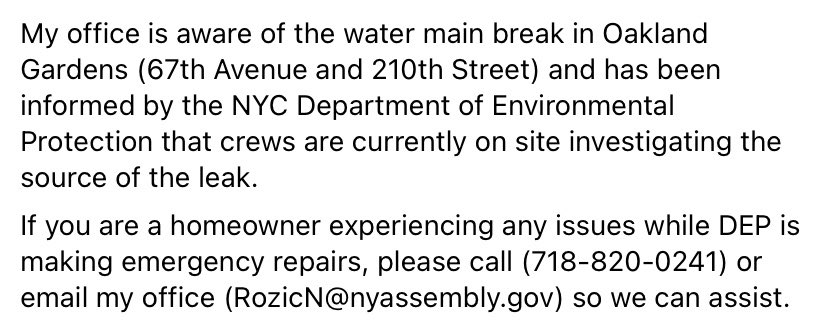 Update on the @NYCWater water main break in #OaklanGardens >>