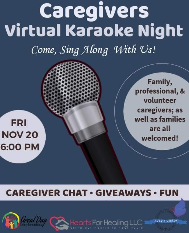 RANDAF_Inc's tweet photo. 🎤 Caregivers are super heroes! To recognize their dedication/strength we are happy to co-host a fun virtual karaoke night on Fri 11/20 at 6pm! Join us &amp; sing to your favorite song! We will have caregiver resources, self-care tips, and giveaways. Most of all, a moment of respite. https://t.co/xqQ6cmrgSA