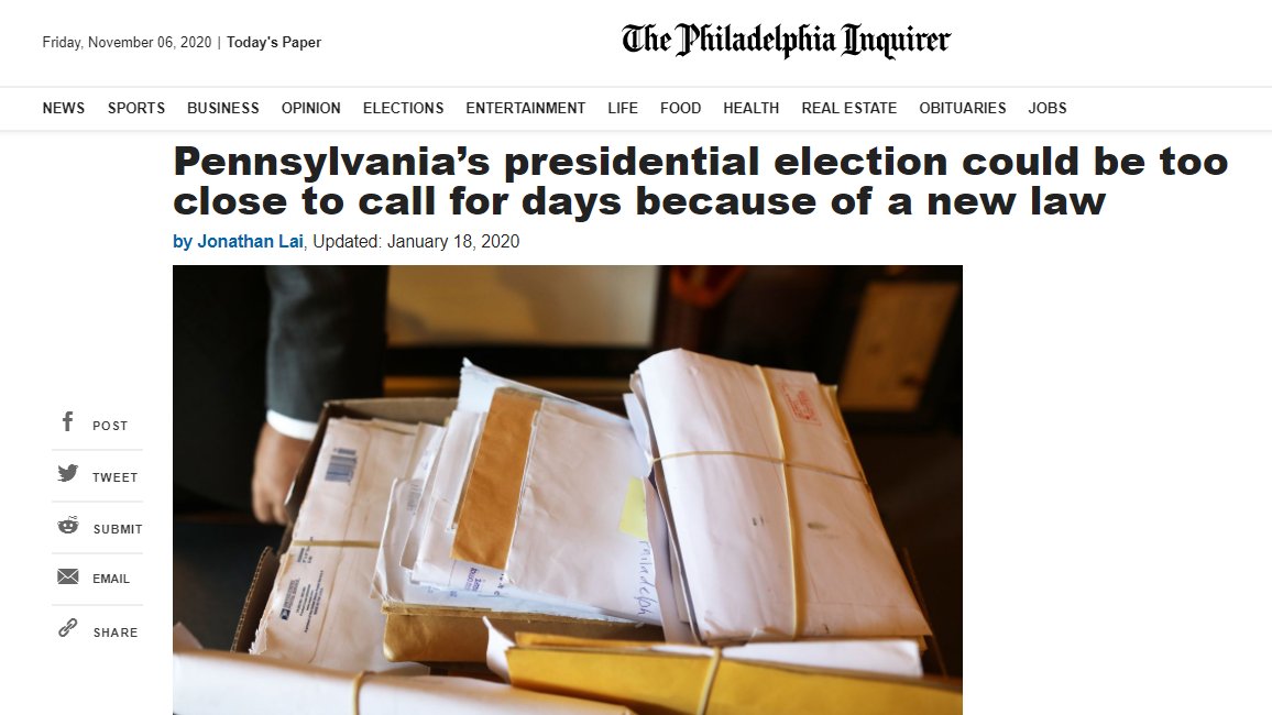 In January, we warned it could take days to call the election.Why? It’s the first year all PA voters could vote by mail. That meant there would be a lot of ballots.At the time, counties couldn’t open ballots before 8 p.m. Election Day. https://www.inquirer.com/politics/election/pennsylvania-2020-presidential-election-results-absentee-ballots-20200117.html