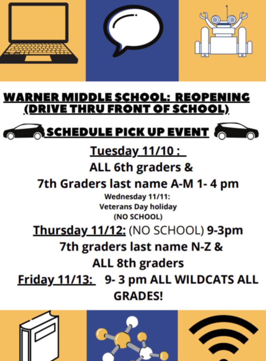 Warner_Wildcats's tweet photo. Warner Middle School Hybrid Reopening Contactless Schedule Pick Up Dates Are In... https://t.co/Ky7DPDIznq