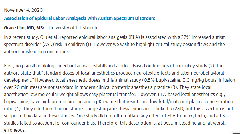 LimGrapes's tweet photo. Check out @aljabut and my response to the @JAMAPediatrics article on association b/w epidural labor analgesia and autism 

Intentionally not linking to primary article https://t.co/ZtctZhpECZ