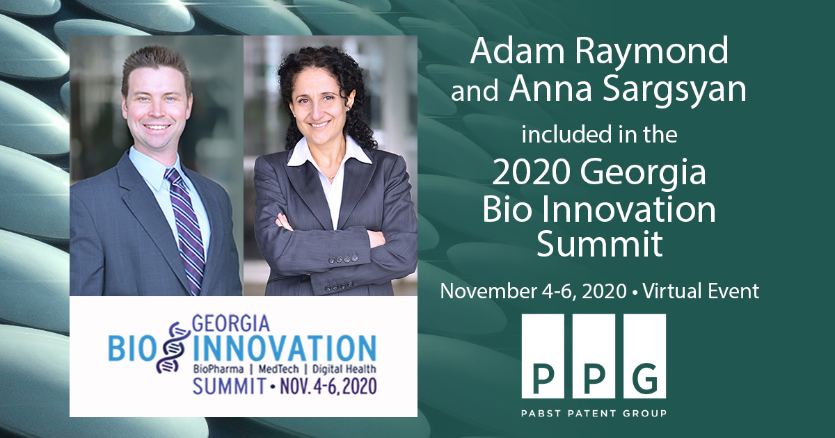 Adam Raymond and Anna Sargsyan recently spoke at the Georgia Bio Innovation Summit. “We were thrilled to discuss the unique challenges 2020 has brought to the scientific community,” said Dr. Raymond. 
Read more: pabstpatent.com/raymond-sargsy…
#lifesciences #biotech #iplaw #GABioSummit