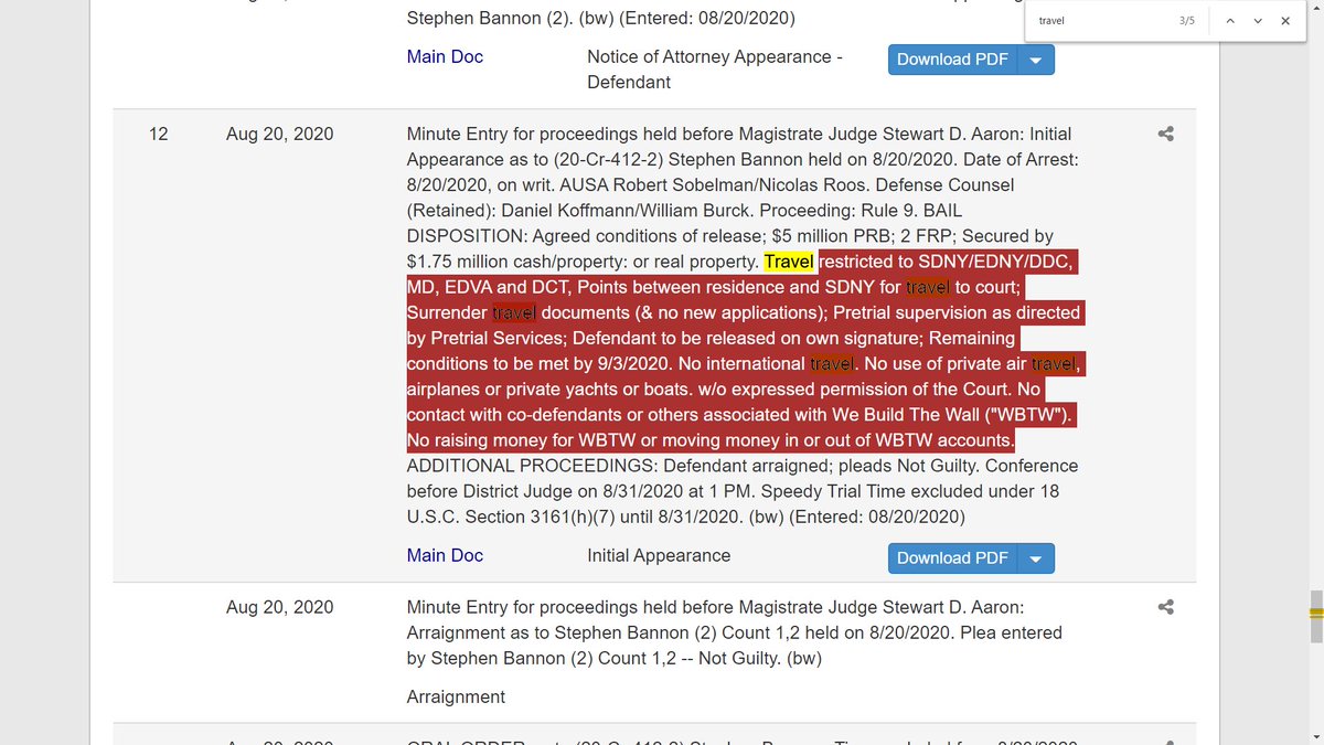 I did a global search for the word "travel." There were no other refs to Bannon's travel in the docket (up to today's date). Bannon was allowed to travel from his home to SDNY for *travel to court.*"No mention of "traitor meetings in swanky NY apt with Rudy, OK." 