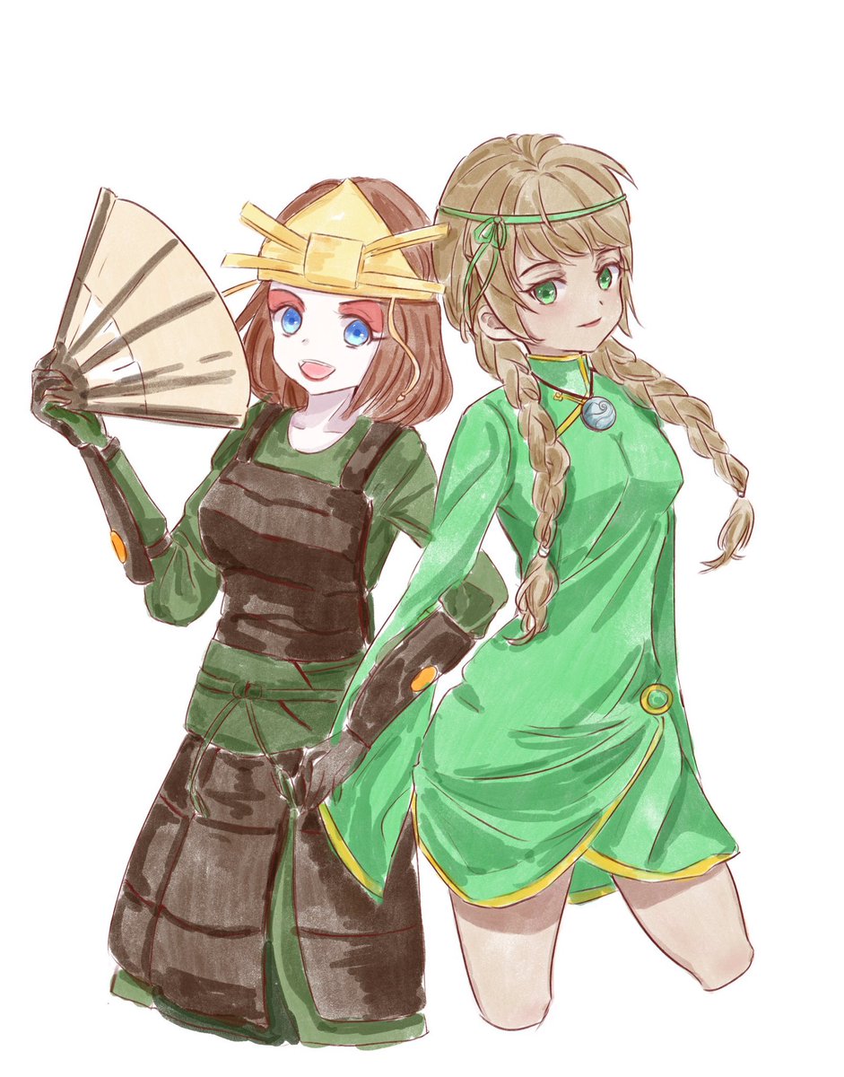 sukiaIone's tweet photo. Day 6: Family 
Suki and her older sister Sora. Sora is a powerful earth bender, but doesn’t like to use bending because she’s scared of the damage she might cause. Sora is also dating June. 😎 [commission by: painted_pomelo]
#sukiweek #sukiweek2020 #atla https://t.co/sFzRV0ZLHU