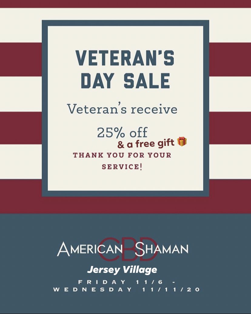 🇺🇸Veteran’s Day Sale!!🇺🇸Let your Family and friends know about this special offer! 25% off and a free gift 🎁 

#cbdjerseyvillage #veteransday #cbdhealth #cbdwellness #cbdbenefits #cbdforanxiety #cbdforsleep #cbdforthepeople💚🌎