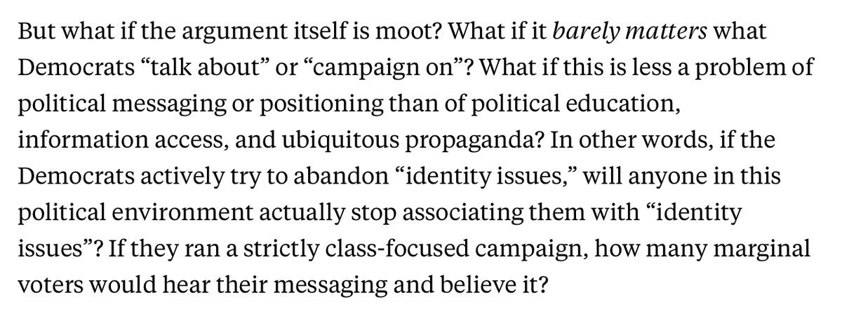 Similar diagnosis here, in a smart piece that should encourage people to step away from the intra-Dem Your Message Screwed My Message flame wars currently underway (but probably won't)  https://newrepublic.com/article/160094/democrats-message-just-doesnt-matter