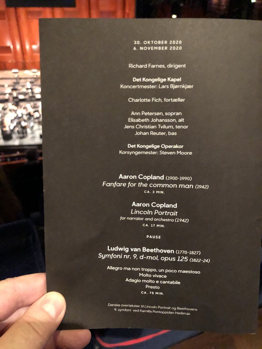 GPacyk's tweet image. Delicious #concert at #Operaen #DetKongeligeTeater tonight: #AaronCopland as hors d'oeuvre and #Beethoven’s 9th as delectable main course performed according to the #Danish Health Authority's guidelines: #choir singing from audience with #PhysicalDistancing #SaturdayEvening