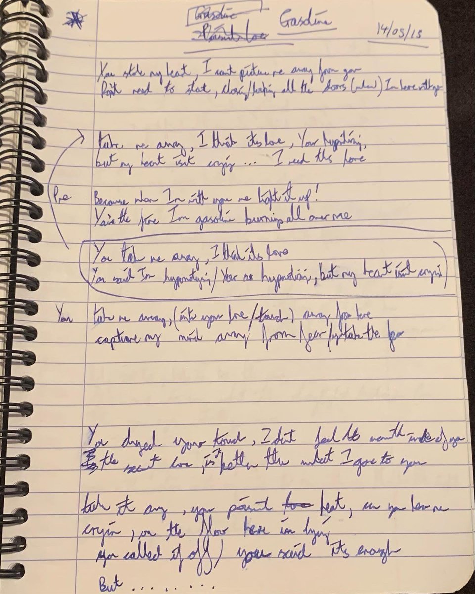 theruaofficial's tweet photo. .@jonathanrtbrown was reorganising his room and found one of his songwriting books that has the original handwritten lyrics for ‘Gasoline’ in it 🔥🎶

We can’t read his writing either 🤣🤣

#gasoline #therua #music #handwritten #songbook #songwriting #originalmusic https://t.co/klAgAVeLoA