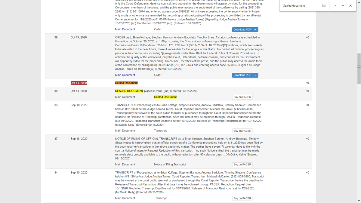 A sealed document was entered in Bannon's case on 10/14/20.(Superseding indictment? No idea; speculating of course.) https://www.courtlistener.com/docket/17462184/united-states-v-kolfage/?filed_after=&filed_before=&entry_gte=&entry_lte=&order_by=desc