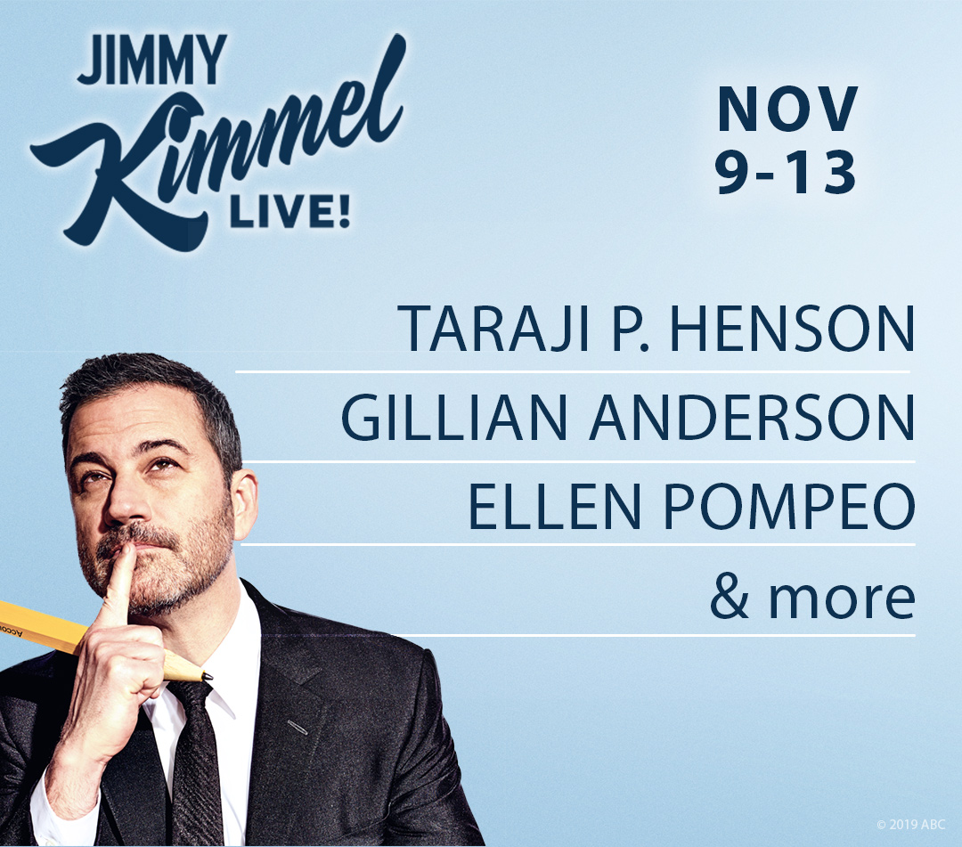 ABC_Publicity's tweet photo. New Release: @tarajiphenson, @GillianA, @EllenPompeo  and More Scheduled Guests on ABC's @JimmyKimmelLive, Nov. 9–13 #Kimmel #ABCPublicity https://t.co/S1fEPbFjpf https://t.co/KwkZbC0UOV