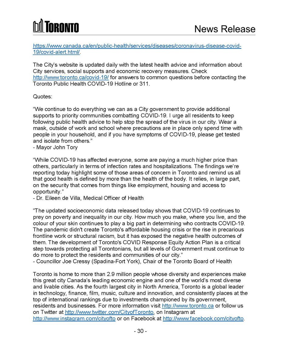 Today,  @TOPublicHealth released new sociodemographic data on COVID-19 cases in our city from June – September. The data shows that people who identify with a racialized group and people who live in low-income households continue to be disproportionately impacted by this virus 1/6