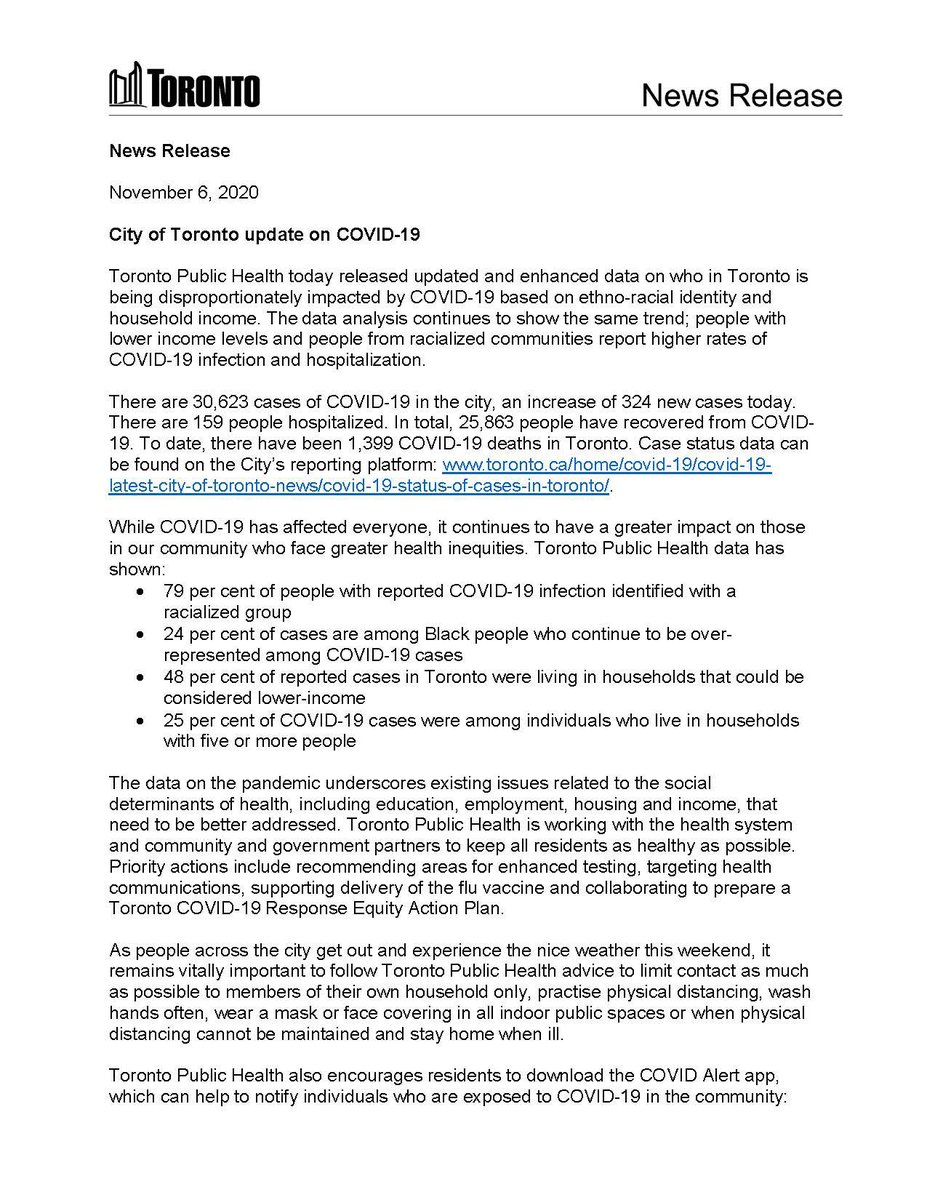 Today,  @TOPublicHealth released new sociodemographic data on COVID-19 cases in our city from June – September. The data shows that people who identify with a racialized group and people who live in low-income households continue to be disproportionately impacted by this virus 1/6