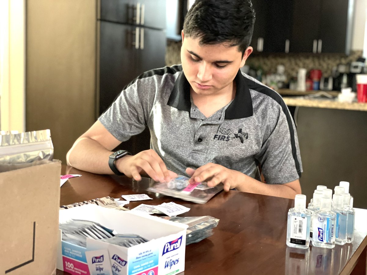 TxSTEMed's tweet photo. #FIRSTVISTA Andre Adame is hard at working making #PPE safety kits for our RGV Volunteers.  Season starts after January, 2021.  #FIRSTFFC #FTC #FRC #TexasTeams #UltimateGoal https://t.co/xzQ4x3CWsA