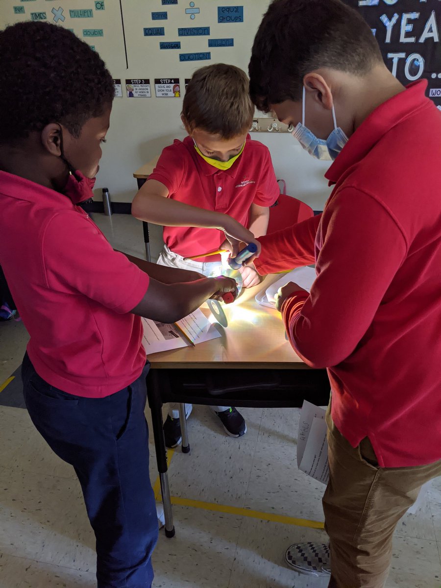Laura_Smith14's tweet photo. 4th grade had a lot of fun learning about light energy this week! They explored how light is reflected and how rainbows are formed using flashlights, mirrors, water and cds! Our virtual students also got to complete the same experiments from home! @MeversEagles https://t.co/sQ9OJZTNop