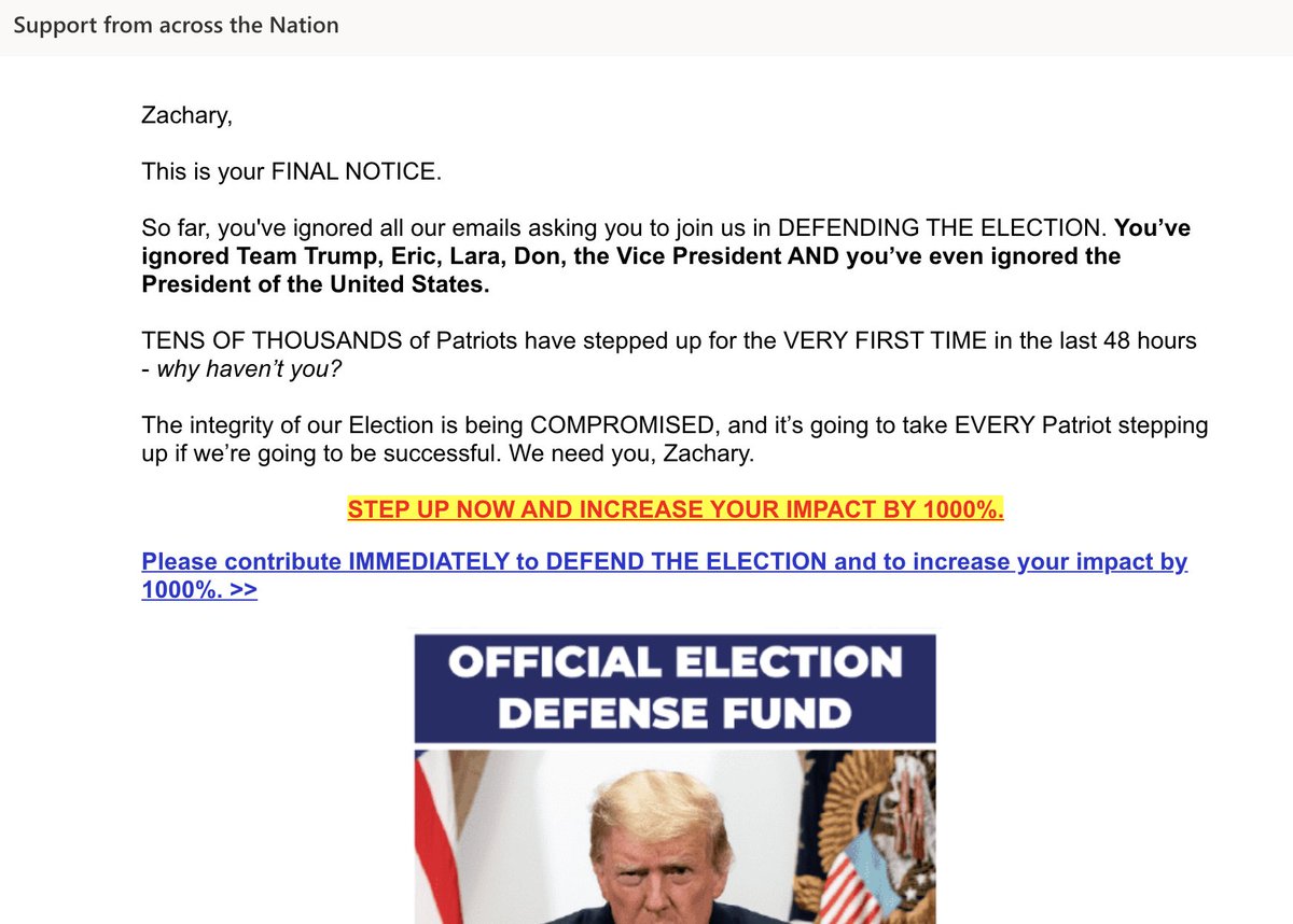 Trump team is shaming Trump supporters, which they've done before but this is prob on more extreme end of what I've seen via email."You’ve ignored Team Trump, Eric, Lara, Don, the Vice President AND you’ve even ignored the President of the United States."