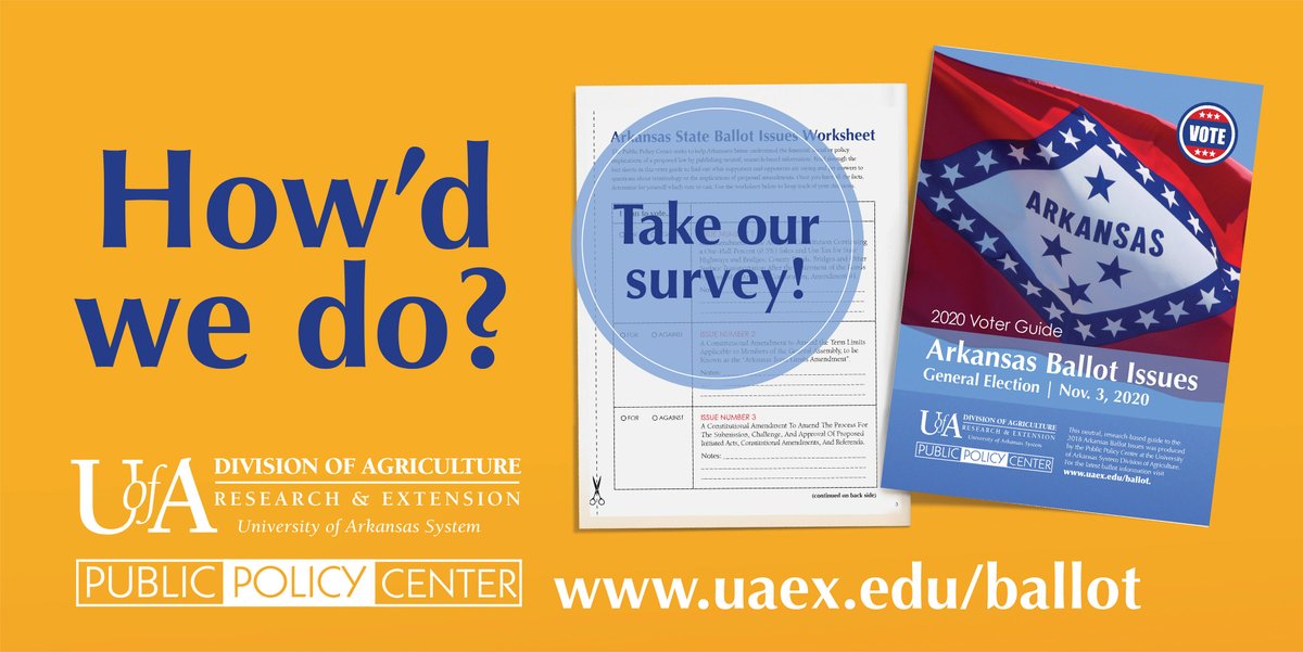 BrianHallerUAEX's tweet photo. Did you read our 2020 Arkansas Ballot Issue Voter Guide? Watch our videos? Go to our website? How did we do? We want your feedback! Take our survey at https://t.co/zN491gaaxY

#ARballot #Arkansas #BallotIssues #VoterGuide #Survey @uaex_ppc https://t.co/4dottU81QW