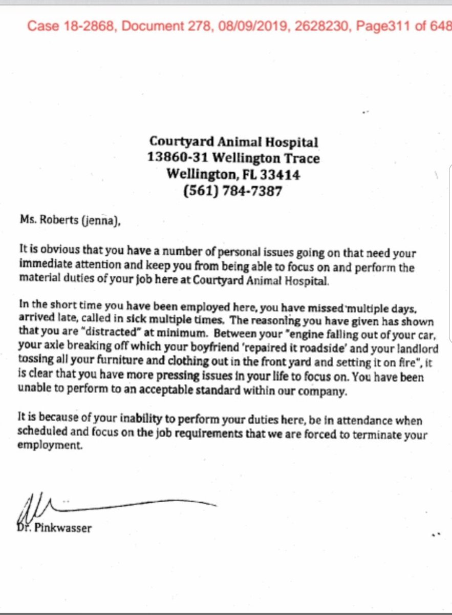 Piper13084465's tweet photo. @Willemiena2 @RiettedeKlerk @LetsGiuffre @JamesHillABC @CBSThisMorning 
I vote to give Dr. Pinkwasser a medal for the best termination letter. #TrainwreckVRS couldn't keep a job for more than a few weeks. Except, she spent 2 years with JE. Animals or being with JE...your guess. https://t.co/CaxwFBHsyc